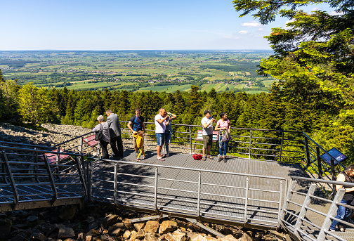 Swiety Krzyz, Poland - June 5, 2022: Observation platform over Goloborze Lysa Gora stone run, on Swiety Krzyz mount hilltop in Swietokrzyskie Mountains near Nowa Slupia village
