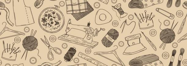 ilustra�ções de stock, clip art, desenhos animados e ícones de seamless vector banner with outline doodle sewing elements - sewing needlecraft product needle backgrounds