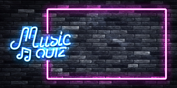 Vector realistic isolated neon sign of Music Quiz frame logo on the wall background.