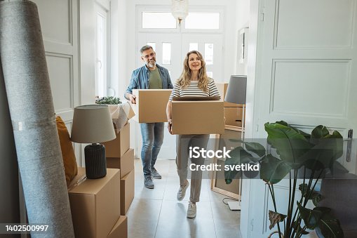 istock Mature Couple with Moving Boxes in New Home 1402500997