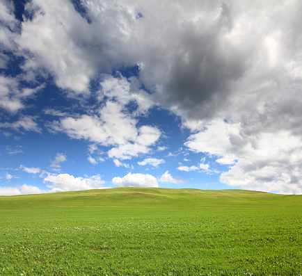 Panoramic spring landscape - green fields, sky with clouds - 112 MPix   XXXXL size\n This panoramic landscape is an very high resolution multi-frame composite and is suitable for large scale printing.