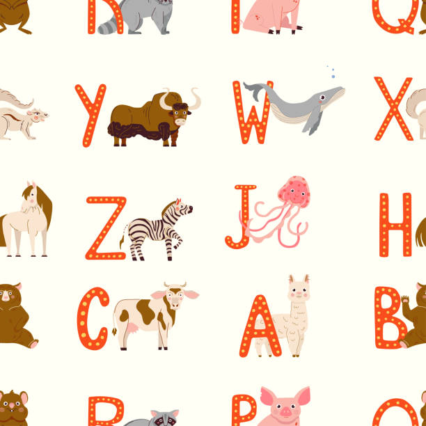 Cute vector seamless pattern with cute baby animals and alphabet letters on a white background, for baby fabric, scrapbooking, wallparer Cute vector seamless pattern with cute baby animals and alphabet letters on a white background, for baby fabric, scrapbooking, wallparer. african ground squirrel stock illustrations