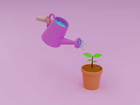 3d cartoon growth concept. cartoon hand holding a watering while watering a little tree. 3d rendering illustration