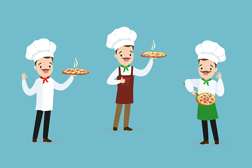 Set of chefs holding freshly baked pizzas. Traditional Italian food dish. Man in apron and cap holds delicious pizza