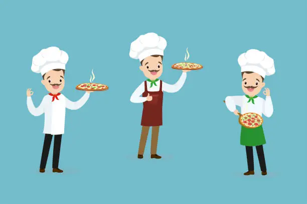 Vector illustration of Set of chefs holding freshly baked pizzas. Traditional Italian food dish. Man in apron and cap holds delicious pizza