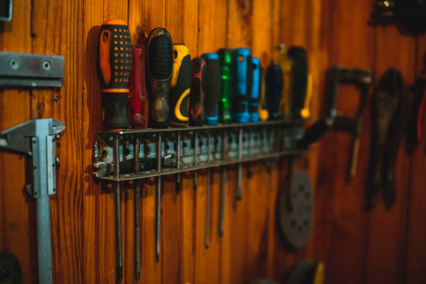 istock Screwdriver holders with screwdrivers of different shapes and sizes 1402504377