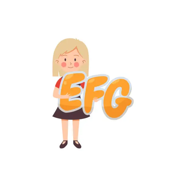 Vector illustration of Cute child girl with huge alphabet letters, flat vector illustration isolated.