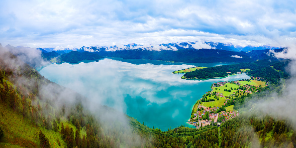 Walchensee aerial panoramic view. Walchensee or Lake Walchen is one of the deepest and largest alpine lakes in Germany.