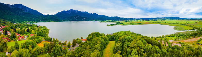 Kochelsee aerial panoramic view. Kochelsee or Lake Kochel is a lake 70 kilometres south of Munich on the edge of the Bavarian Alps in Germany.