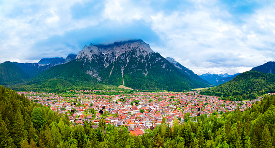 Mittenwald town and Karwendel mountain aerial panoramic view in Bavaria, Germany