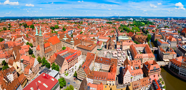 Nuremberg old town aerial panoramic view. Nuremberg is the second largest city of Bavaria state in Germany.