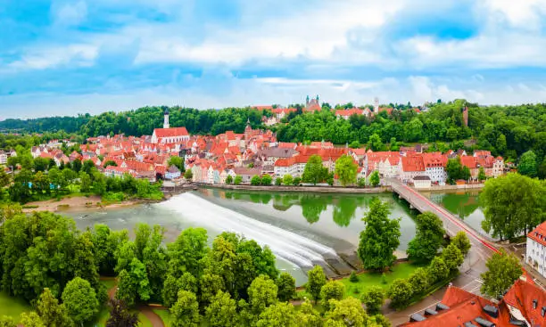 Lech river weir aerial panoramic view in Landsberg am Lech, a town in southwest Bavaria, Germany