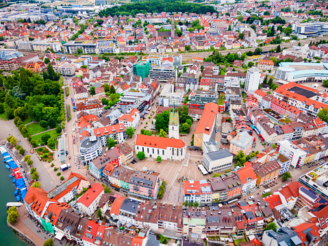Friedrichshafen old town aerial panoramic view. Friedrichshafen is a city on the shore of Lake Constance or Bodensee in Bavaria, Germany.