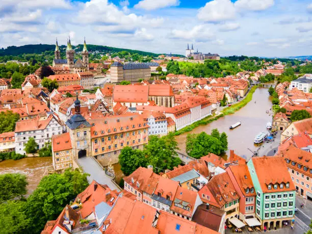 Bamberg old town aerial panoramic view. Bamberg is a town on the river Regnitz in Upper Franconia, Bavaria in Germany.