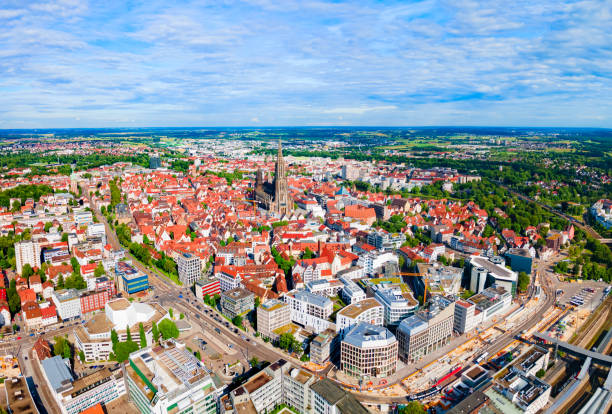 Ulm Minster Church aerial panoramic view, Germany Ulm Minster or Ulmer Munster Cathedral aerial panoramic view, a Lutheran church located in Ulm, Germany. It is currently the tallest church in the world. ulm germany stock pictures, royalty-free photos & images
