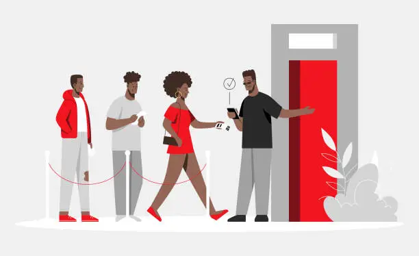 Vector illustration of Black people waiting in behind queue barrier for party. Security bouncer face control man. Invitation guest list checking at nightclub building entrance. Concert tickets with qr code.