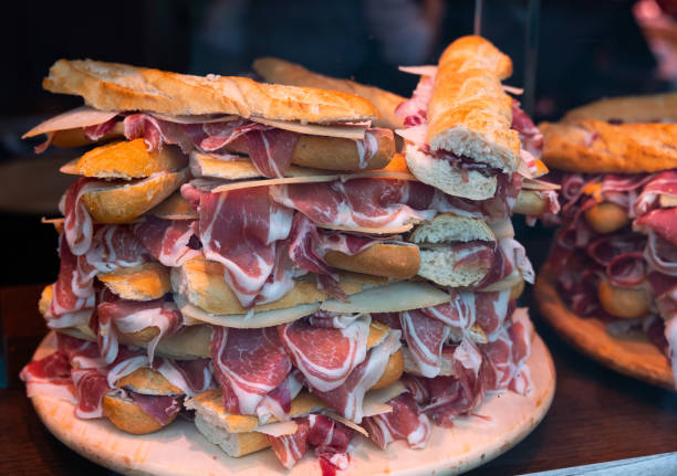 istock Sandwiches with Spanish ham on bar window in Madrid 1402509169
