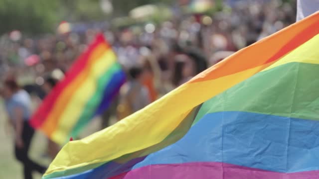 The LGBTQ rainbow flag waving in slow motion with people in a pride parade in the background