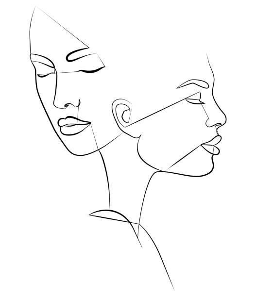 One line. Two faces in one line. Couple print, kiss print. One line. Two faces in one line. Couple print, kiss print. Portrait. Face. Fashionable vector image. two women stock illustrations