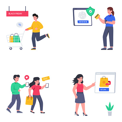Here is a pack of shopping flat illustrations. These vectors are completely editable to suit your requirements perfectly. Add more value to your design project with this amazing shopping and ecommerce pack.