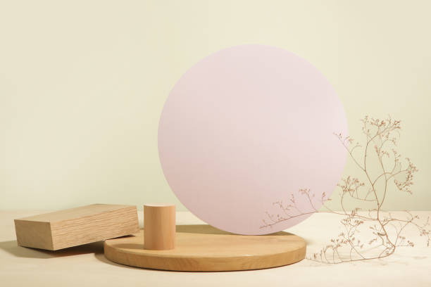 istock Minimalist geometry shape wooden scene. Abstract minimal empty stage with  wooden circle. Mockups display for product presentation. Design element. 1402511561