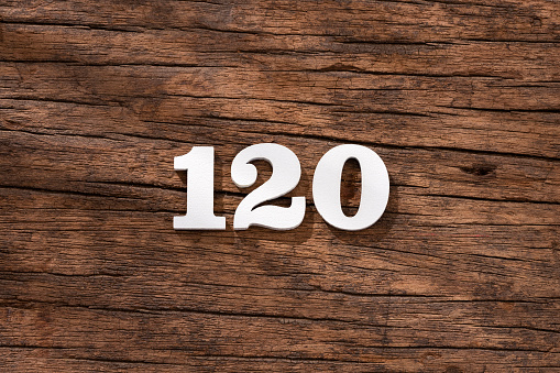 Number 120 in wood, isolated on rustic background