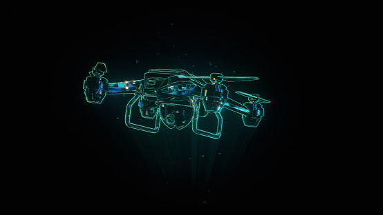 Quadcopter drone projection hologram on black background