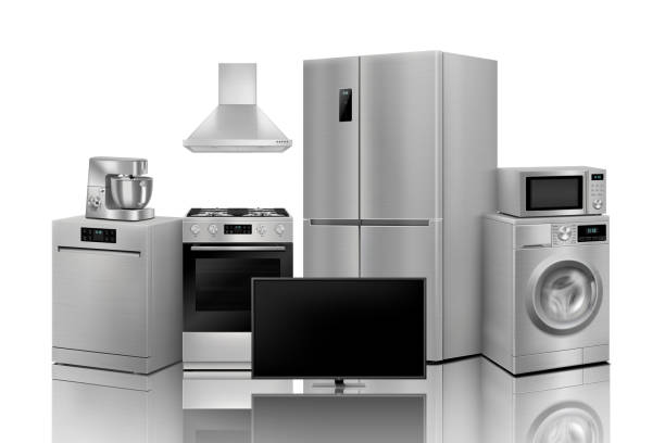 A set of household appliances: microwave oven, washing machine, refrigerator, vacuum cleaner, iron, stove, fan, air conditioner,TV, dishwasher, kitchen hood. Realistic 3D vector, isolated A set of household appliances: microwave oven, washing machine, refrigerator, vacuum cleaner, iron, stove, fan, air conditioner,TV, dishwasher, kettle. Realistic 3D vector, isolated iron appliance stock illustrations