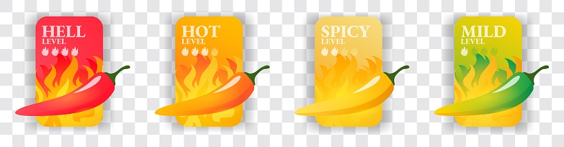 Spicy level Hot chili pepper icons set with flame and rating Mild, medium hot and extra hot level of pepper sauce or snack food Chile habanero and jalapeno level Vector spicy food illustration