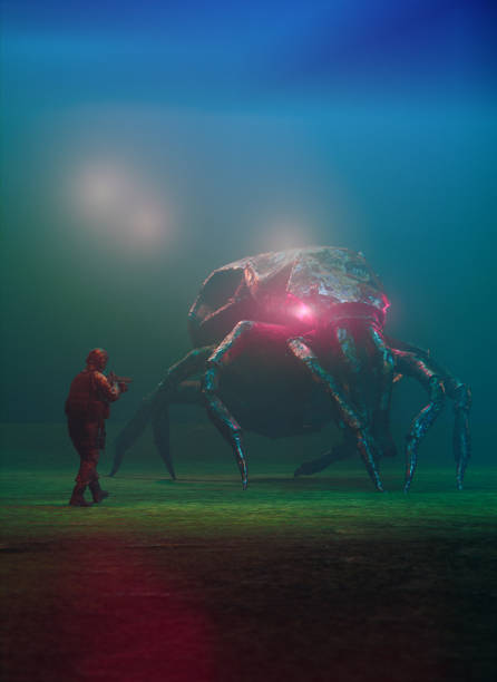 il soldato si avvicina all'alieno o a uno strano insetto gigante nel cuore della notte - alien invasion foto e immagini stock