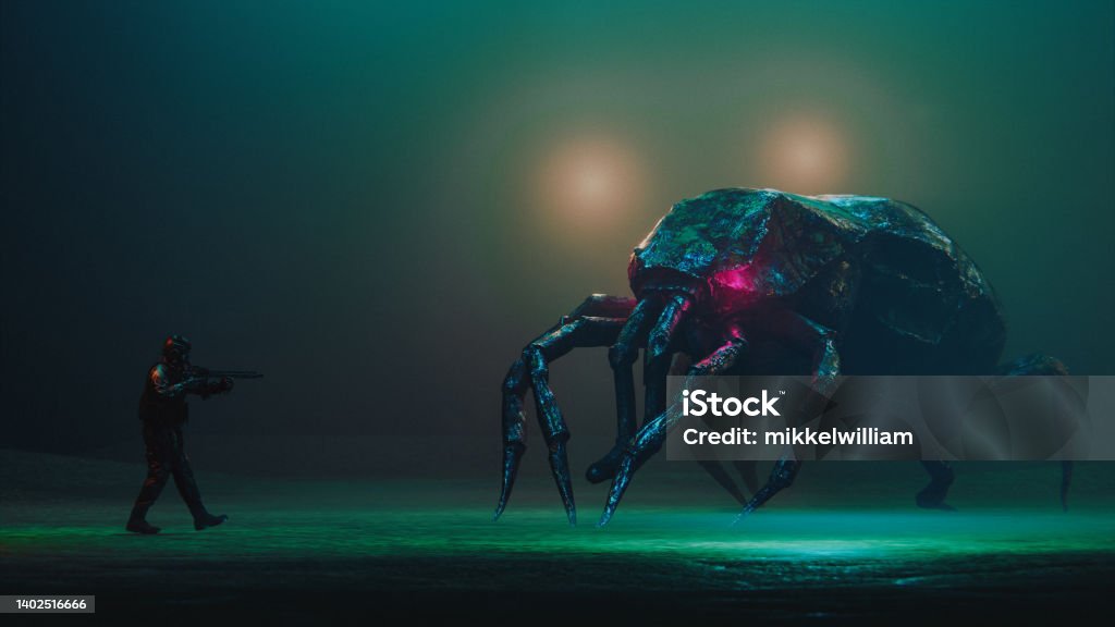 Alien or a strange giant bug meets a soldier with a gun It is night and an alien or a strange giant bug is being attacked by a solider with a gun. Monster - Fictional Character Stock Photo