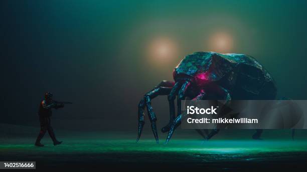 Alien Or A Strange Giant Bug Meets A Soldier With A Gun Stock Photo - Download Image Now