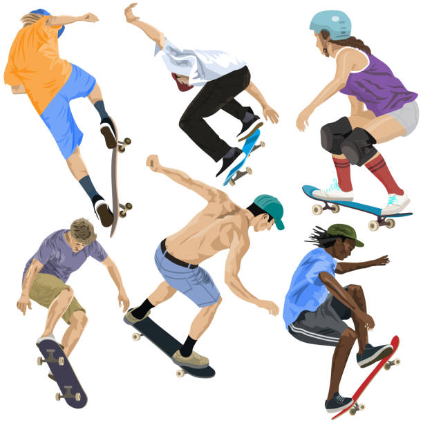 ilustrações de stock, clip art, desenhos animados e ícones de skateboarders on white - skateboarding skateboard silhouette teenager