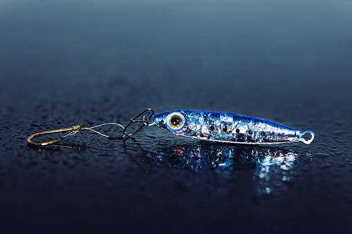 Sinking metal jig fake fish lure. Image is brightly colored and fake fish on wet dark blue background