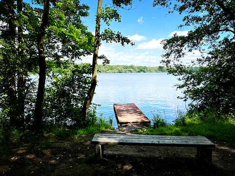 A jetty on the lake with the name 