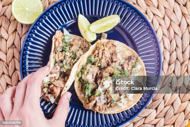 Tacos Carnitas On Flat Lay View Stock Photo - Download Image Now - Cilantro, Color Image, Flat Lay