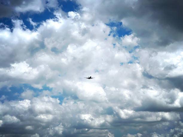 Beautiful cloudy sky with a landing plane.