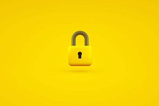 closed padlock over yellow background, 3d render