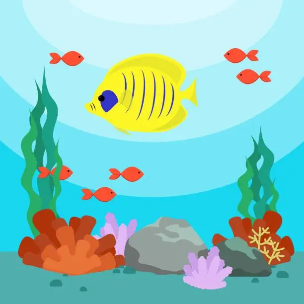 Vector illustration of Cartoon underwater sea landscape with fishes and seaweed. Vector background