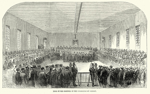 Vintage illustration of Trial of prisoners in the Courthouse at Salerno, Campania, Italy, 1850s, Italian History