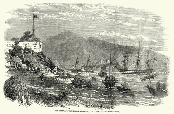 istock British Royal navy warships HMS Calcutta at the Bogue Forts, Pearl River Delta, Guangdong, China, 1850s, Victorian 19th Century 1402523899