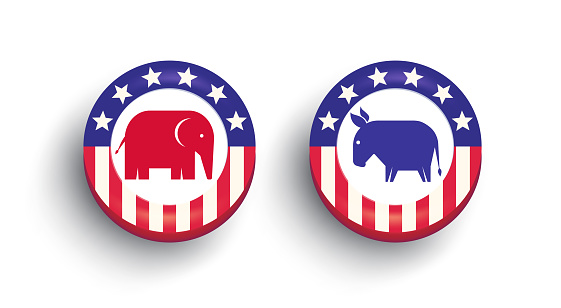 Vector banner with elephant and donkey on isolated background. Vector poster for United States presidential election 2024. Election of USA. American the Democrats and the Republicans.