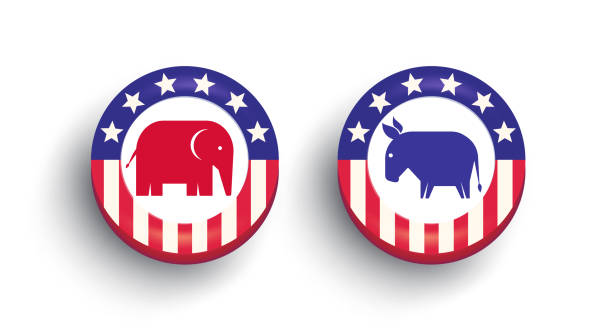Vector banner with text of vote on abstract background. Vector poster for american presidential election 2024. Election of USA. American the Democrats and the Republicans. Vector banner with elephant and donkey on isolated background. Vector poster for United States presidential election 2024. Election of USA. American the Democrats and the Republicans. republic logo pic stock illustrations