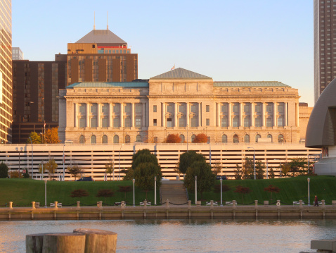 Cleveland, Ohio, city hall seen from the waterfront near sunset