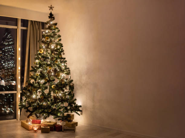 istock Festive new year tree shining during night 1402526923