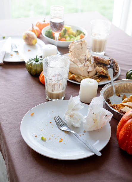 istock high angle view of thanksgiving table after feast, leftovers and dirty dishes 1402527698