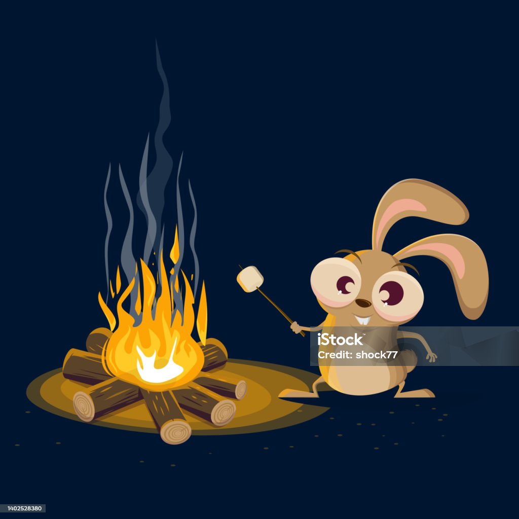 lustiges Cartoon-Kaninchen mit Lagerfeuer und Marshmallow - Lizenzfrei Geröstet Vektorgrafik