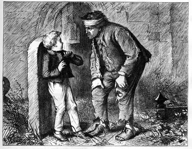 Great Expectations Charle Dickens Original illustrations from 19th Century - Pip meets escaped convict Magwitch Great Expectations is the thirteenth novel by Charles Dickens. An orphan nicknamed Pip is the central character. The novel was first published in 1860. The novel is set in Kent and London in the early to mid-19th century

Great Expectations is full of extreme imagery – poverty, prison ships and chains, and fights to the death and Miss Havisham, the beautiful but cold Estella, and Joe, the unsophisticated and kind blacksmith. Wealth and poverty, love and rejection, and the eventual triumph of good over evil. charles dickens stock illustrations