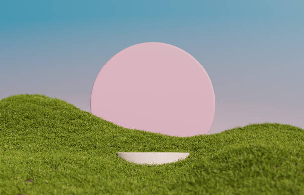 istock 3D display podium background. Natural green grass with pink round frame. Nature blue sky minimal pedestal, beauty, cosmetic product presentation. Spring, summer landscape 3d render. 1402535489