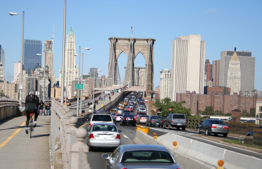 Five women standing side-by-side for a photo on Brooklyn Bridge, New York City.